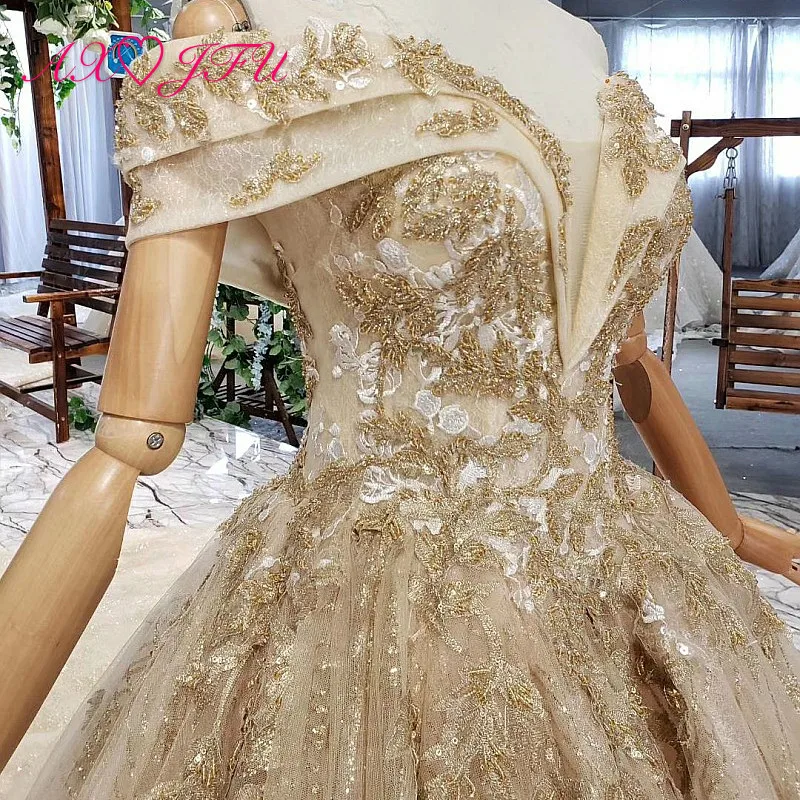 AXJFU Luxury princess golden flower lace boat neck beading crystal sparkly star bride tail wedding dress real photo 11669