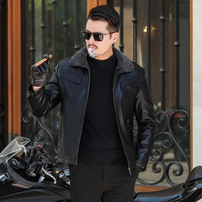 Мужская зимняя куртка из натуральной овчины в клетку с воротником размера плюс