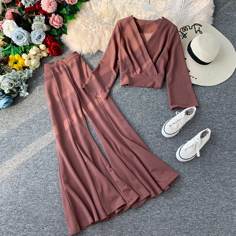 Модные женские комплекты одежды из двух предметов с v образным вырезом