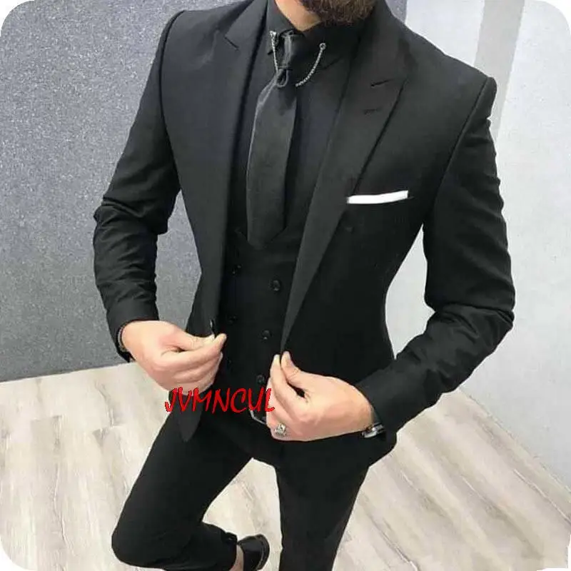 

New Arrival One Button Black Groom Tuxedos Peak Lapel Groomsmen Men Blazers 3 pieces Suits (Jacket+Pants+Vest+Tie) Traje Hombre