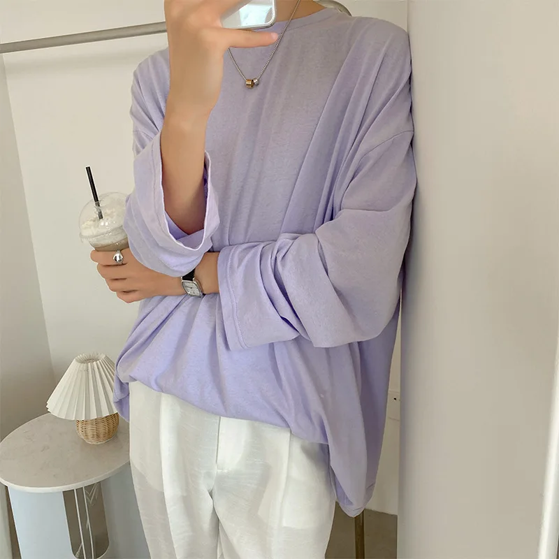 

Snow cotton languid lazy wind bottom shirt contracted round collar long sleeves tee loose base joker tee