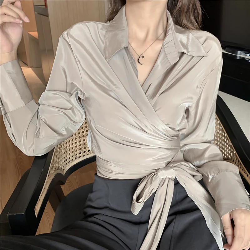 2019 осенние женские топы завязанный Галстук рубашка с длинными рукавами