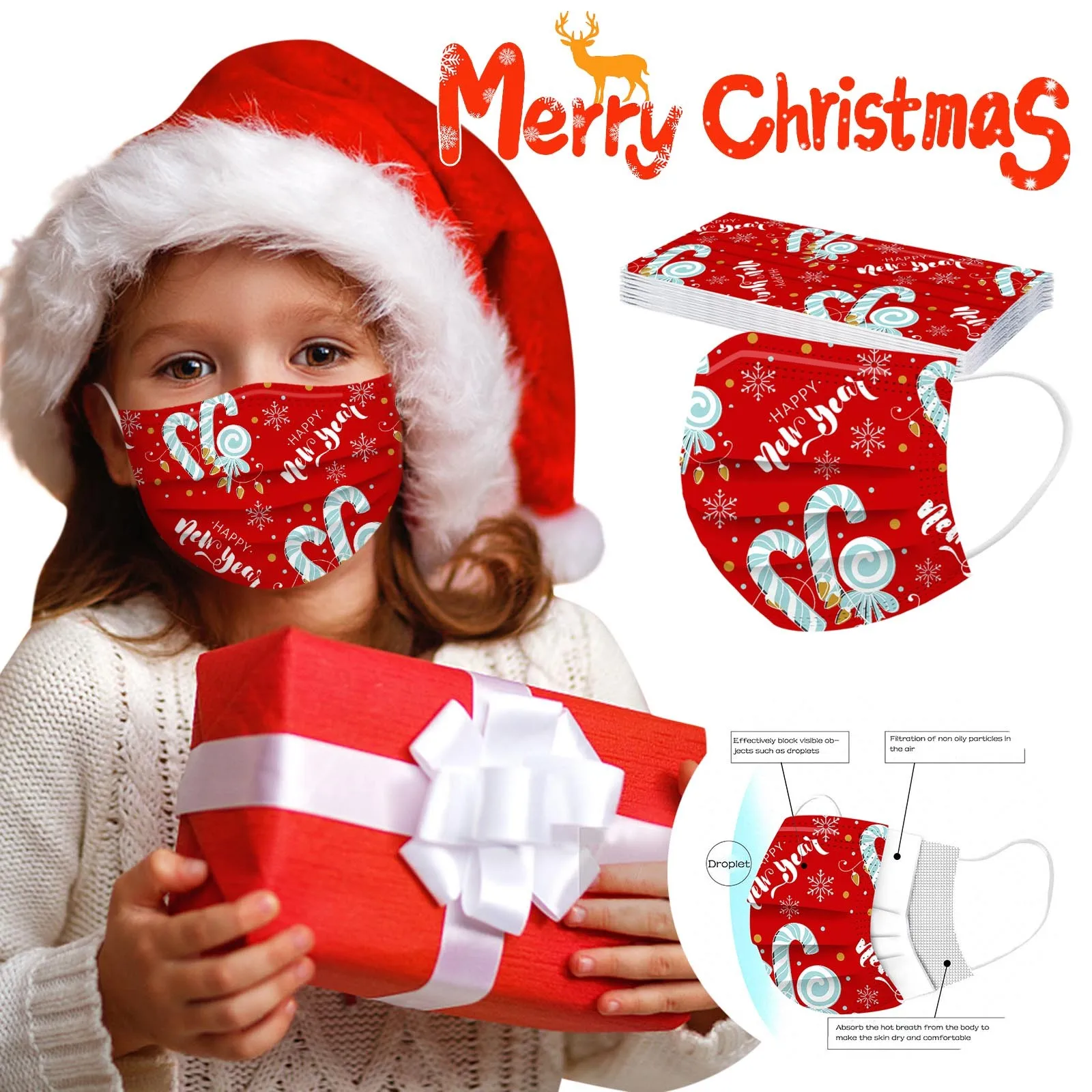 

10pc Christmas Children's Masks Disposable High Quality Mask Industrial 3ply Dustproof Filter Pm2.5 Mask Earloop Bandage Masque