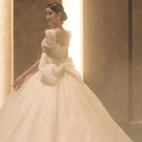 princess wedding dress 2021 bride luxury high waist plus size puff sleeves bow wedding dresses lace appliques beading