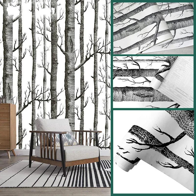 Birch Forest Self-Adhesive 3D Wallpaper For Living Room Bedroom Wall Sticker Vinyl Contact Paper Black White Wood Mural 6m*45cm