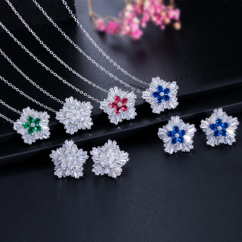 

Korean Version Snowflake Crystal Zircon Necklace Earrings Sets Daily Accessories Party Outfit Paired With Jewelry Two-Piece Set