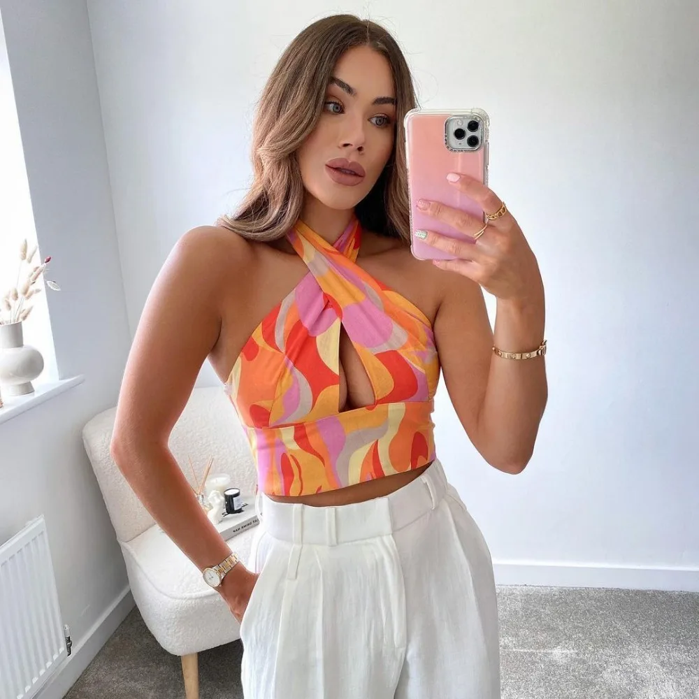 

Женская укороченная блузка с принтом, повседневная облегающая блузка без рукавов с эластичным подолом, уличная одежда, 2022