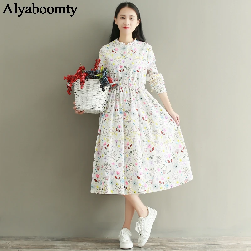 

Осеннее женское платье миди в японском стиле девушки Мори, белое платье с оборками на воротнике и цветочным принтом, элегантное милое плать...