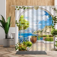 flowers plant scenery shower curtain arched door pastoral theme bathroom curtains set waterproof bathtub screen machine washable