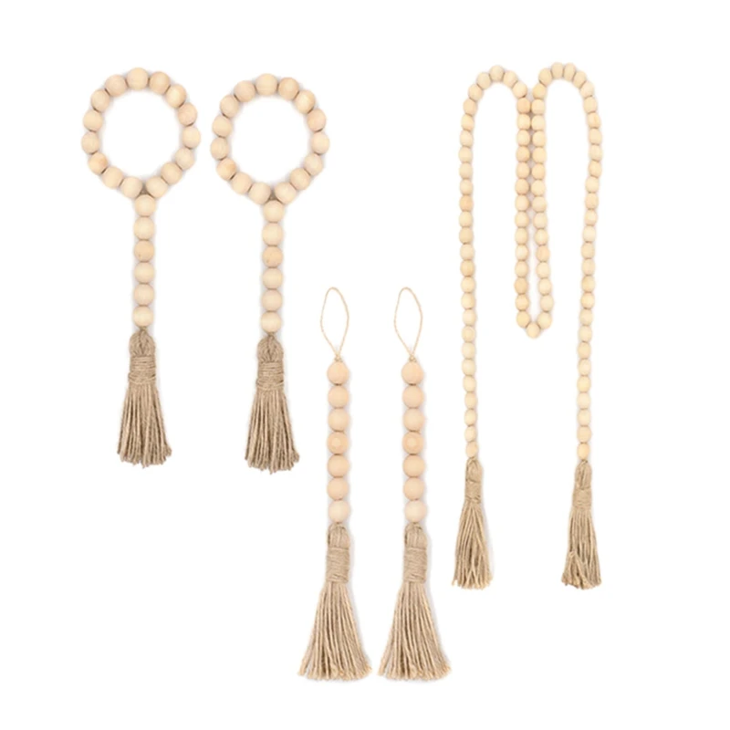 

AA99 -5 Packs Wood Bead Garland with Tassels 3 Size Suit Farmhouse Beads Rustic Country Decor Prayer Beads Wall Hanging Decor