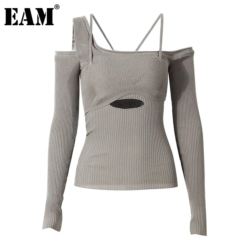 

[EAM] Hollow Out Gray Knitting Sweater Loose Fit Slash Neck Long Sleeve Women Pullovers New Fashion Autumn Winter 2021 1DD2267