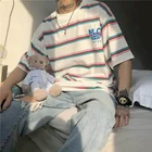 Мужская полосатая футболка с коротким рукавом, корейская модная Свободная кофта в гонконгском стиле с надписью и принтом в стиле преппи для влюбленных, лето 2022