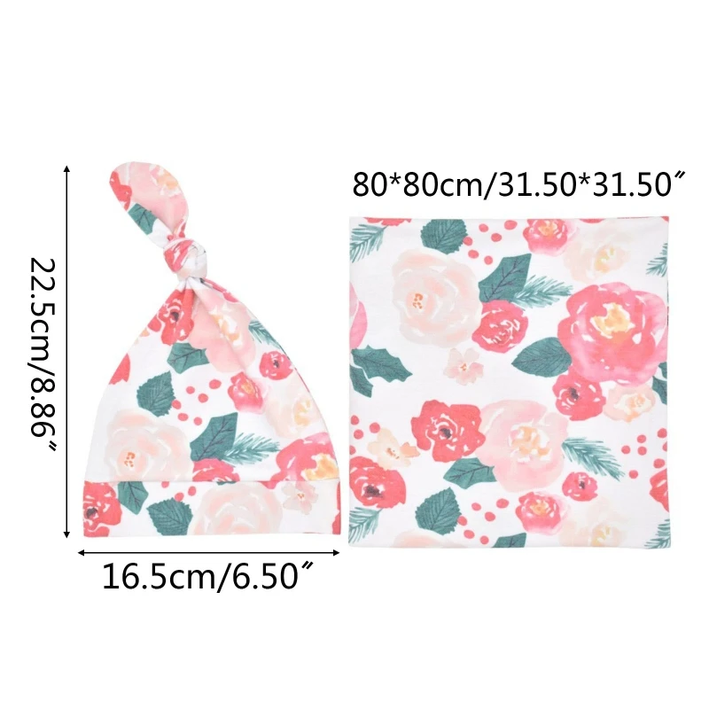 

C5AA 2 Pcs Baby Floral Receiving Blanket+Beanie Set Infants Sleeping Swaddle Wrap Turban Hat Newborn Photography Props