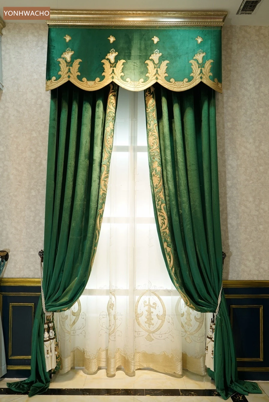 

Пользовательские шторы роскошные европейские фланелевые бархатные вышитые виллы зеленая ткань затемняющие шторы балдахин тюлевые драпир...