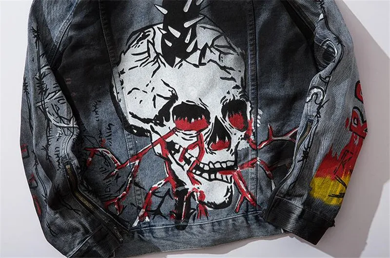 

MORUANCLE Men's Hi Street Hip Hop Jean Jackets Fashion Streetwear Graffiti Denim Trucker Jacket Outerwear Printed Tops Clothing