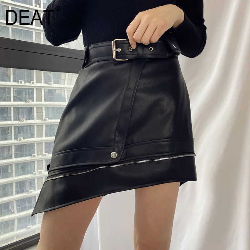 Женская Асимметричная юбка DEAT модная кожаная с ремнем на молнии весна-лето 2020