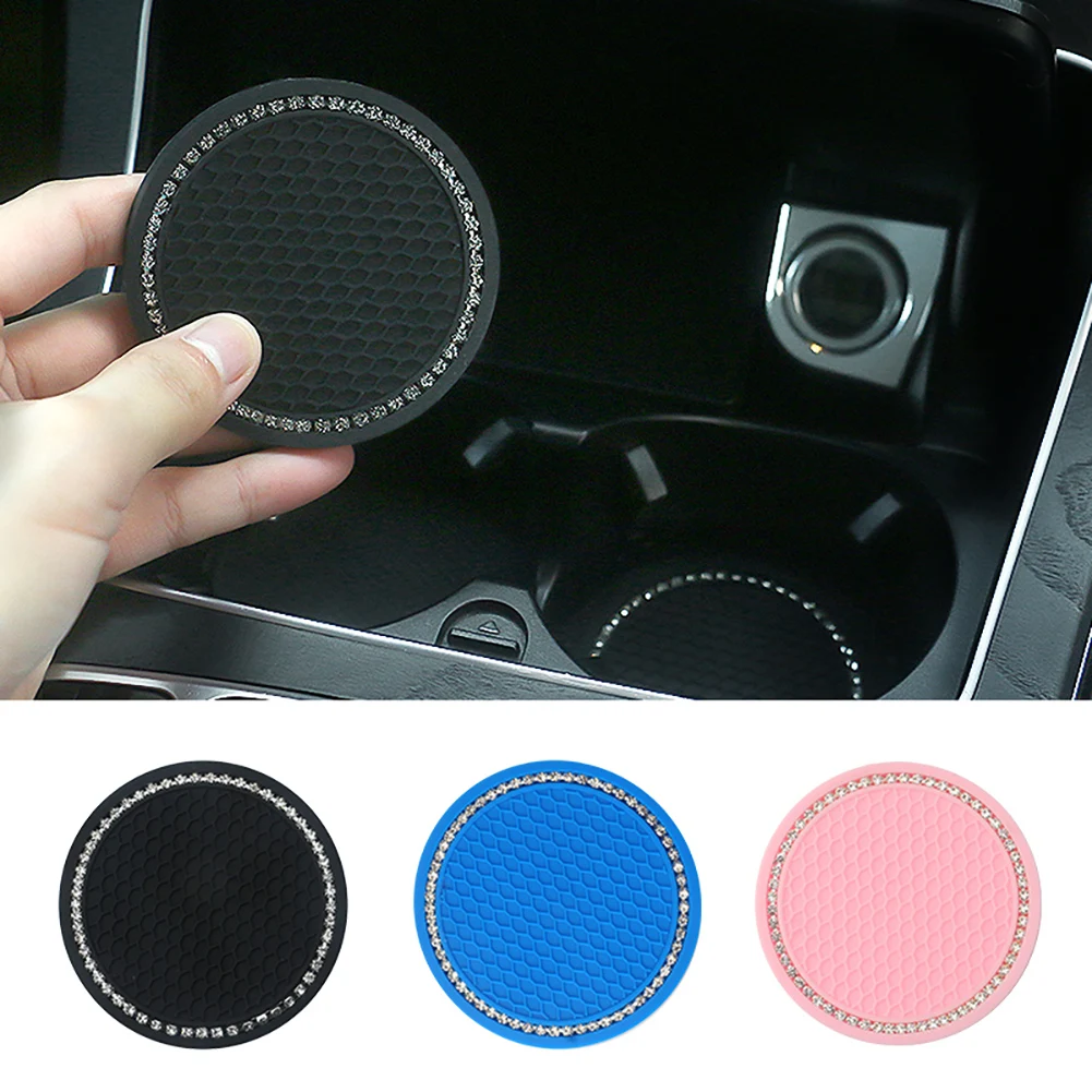 

2PCS Car Cup Holder Coaster Soft Crystal Rhinestone Rubber Pad Coaster Water Bottle Holder Anti-slip Pad Mat Interior Accessorie