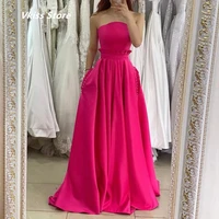 new fuchsia a line satin evening dresses long strapless pleats prom gowns with bead pockets women party dress custom made