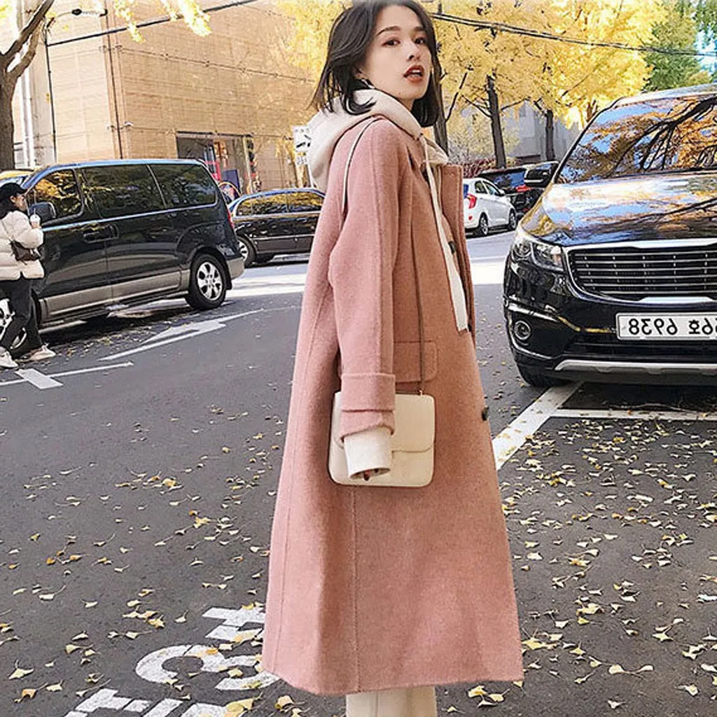 Women Work Solid Vintage Winter Office Long Sleeve Button Woolen Jacket Coat