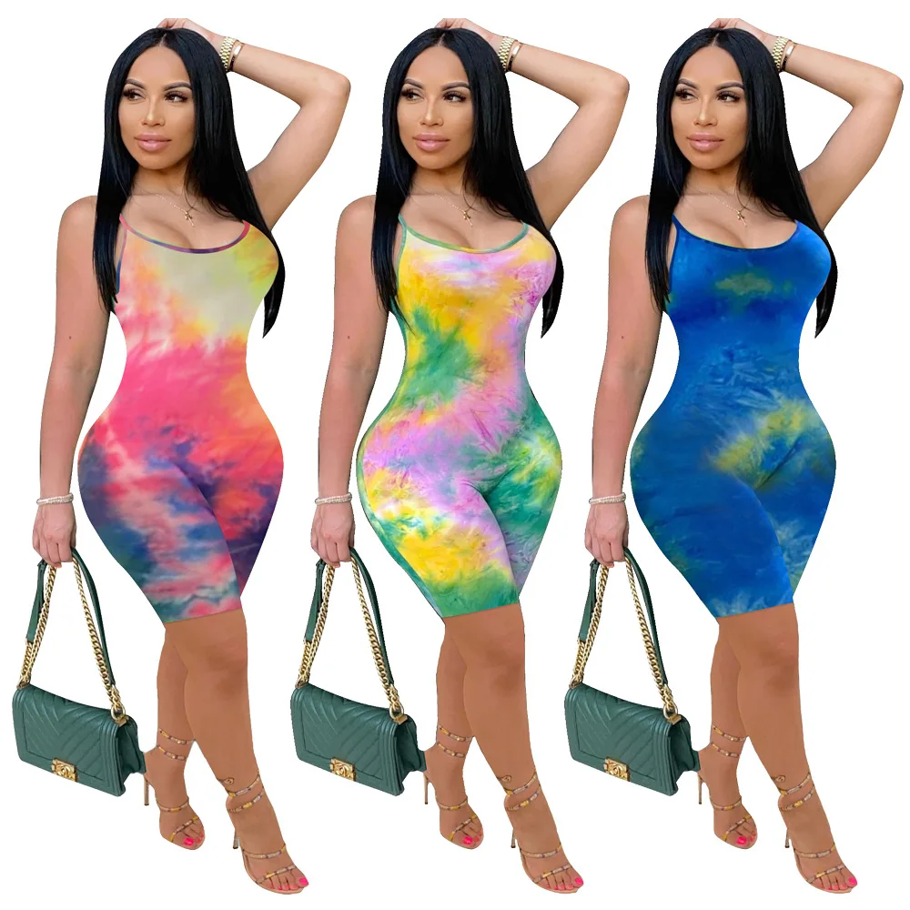 

Women Short Jumpsuits Rompers Playsuits Strap Sleeveless Tie-dye Print Street Sexy Night Club Party One Piece Outfits
