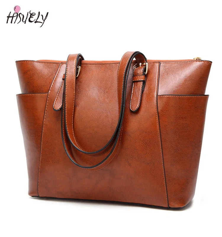 

2022 Fashion Women Oil Wax Skin Leather Handbags with Pocket Vintage Large Capacity Ladies Shoulder Bag Female Diagonal Wild