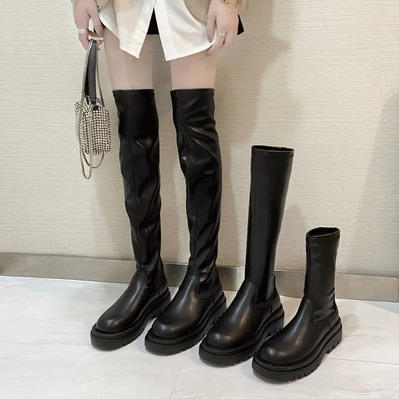 

Женские сапоги для верховой езды, Черные Сапоги выше колена в стиле панк, на массивном каблуке, без застежки, размер 35-40, 2021