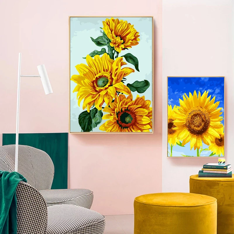 

PhotoCustom Oil Paint By Numbers Flowers Kits Sunflowers Coloring By Numbers On Canvas Frame 60x75cm DIY Home Decor Gift