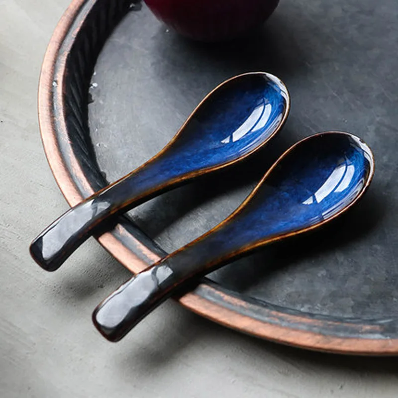 

FANCITYEuropean style cat's eye blue kiln, rice spoon, soup spoon, porridge spoon, dessert spoon, household restaurant, spoon,