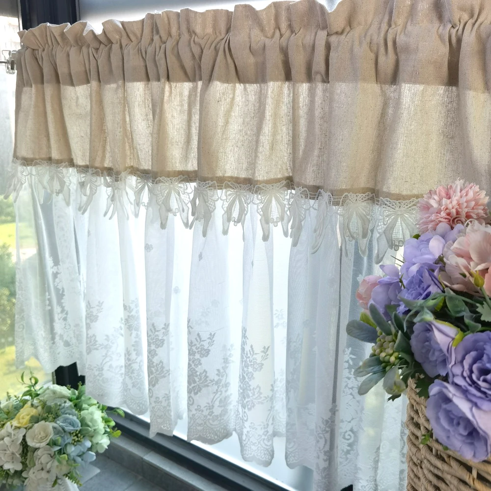 

White Lace Splicing Sheer Curtain for Kitchen Window Roman Curtain Short Valance Delicate Wave Bottom Elegant Scarves
