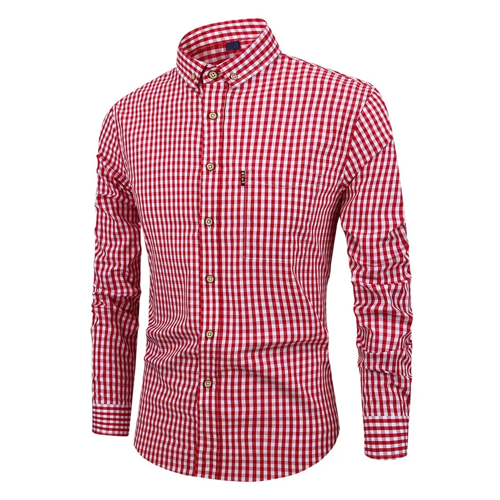 Red Camisa Masculina мужская рубашка с длинным рукавом и отложным воротником, Повседневная рубашка с рисунком в клетку, модная мужская Повседневная Базовая рубашка - Цвет: Red