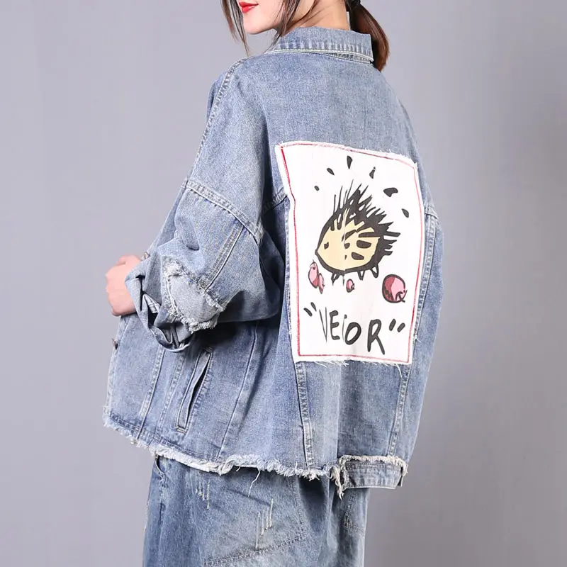 

Harajuku Patch Denim Women 2020 Spring and Autumn New Korean Loose Large Size Frayed Vintage Denim Jacket Jeans Jaqueta KN047