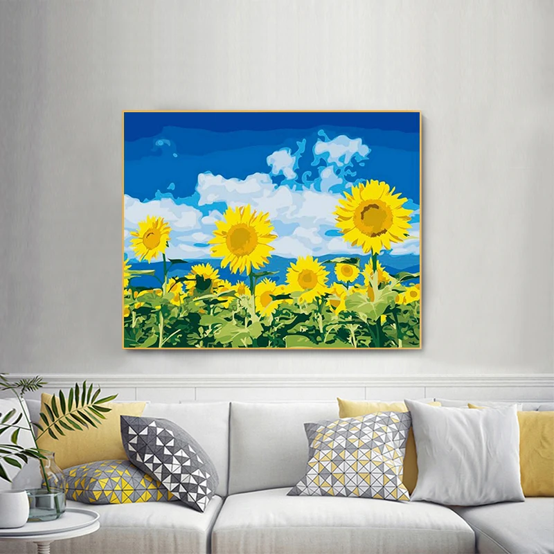 Голубое небо и белые облака Подсолнух художественная живопись по номерам
