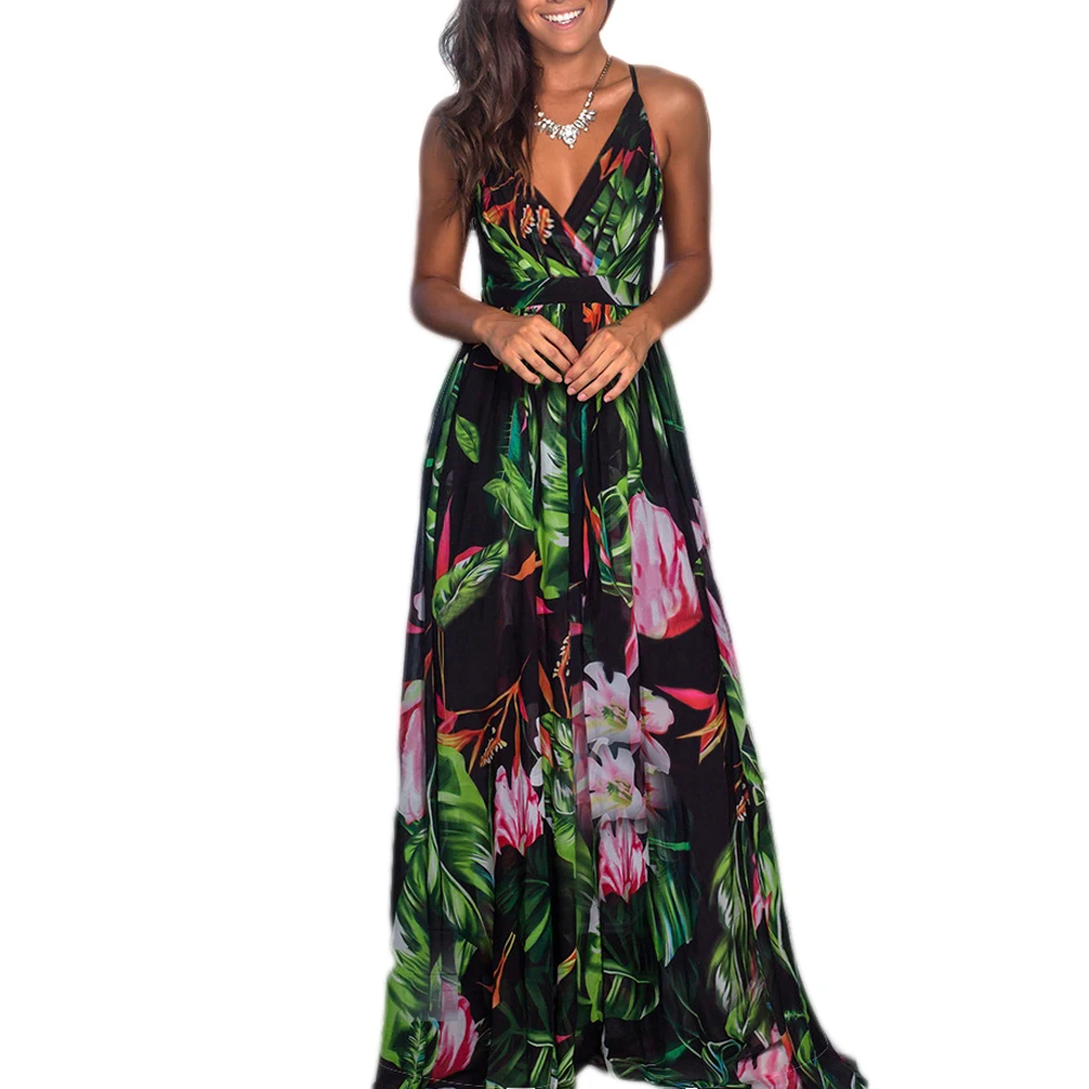 Женское летнее элегантное платье макси без рукавов с V образным вырезом и принтом