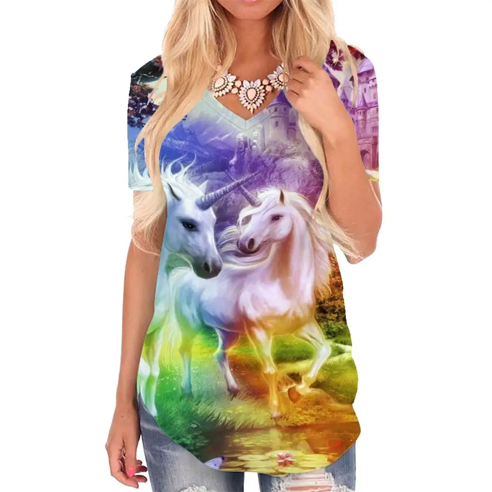 

Giyu Unicorn T Shirt Women Forest V-neck Tshirt Animal T-shirts 3d Harajuku Shirt Print Womens Clothing Hip hop Printed Style