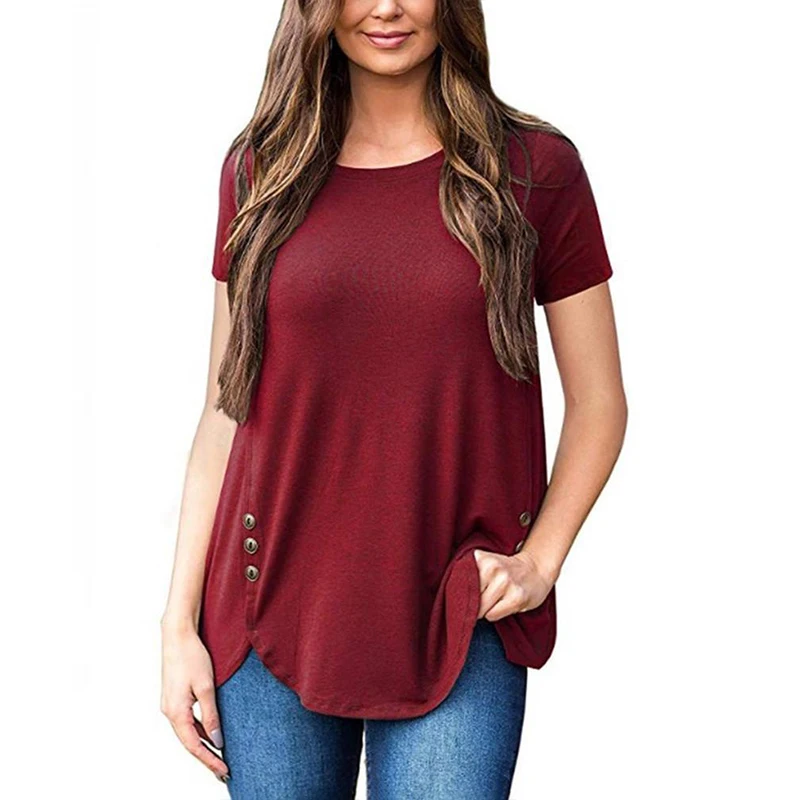 

Summer Solid Color Asymmetrical Short Sleeve T Shirt Women Clothes Loose O-neck Tops Plus Size Casual Tee Shirt Femme