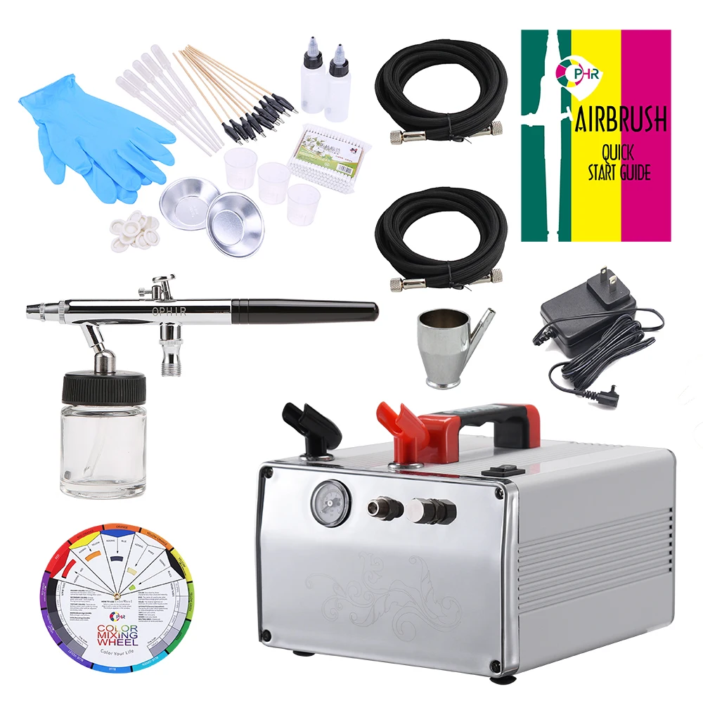 OPHIR DC 12V Airbrushing Gravity Paint Dual Action Airbrush Compressor Kit & Color Wheel & Accessories Set for Hobby AC062W