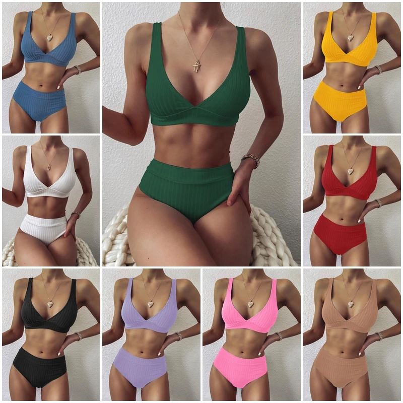 

Sexy Solid Ribbed Bikinis 2021 High Waist Swimsuit Women V Neck Swimwear Female Sport Bathing Suit Stripe