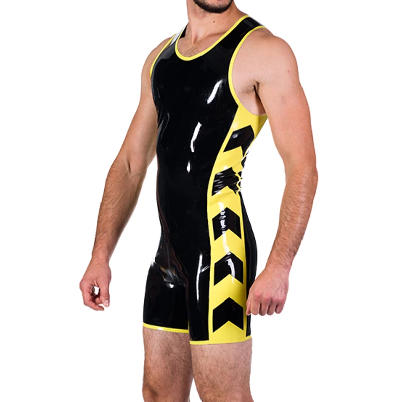 

Black And Yellow Sexy Latex Surfsuit With Crotch Zipper Trims Rubber Catsuit Bodysuit Zentai Overall LTY-0291