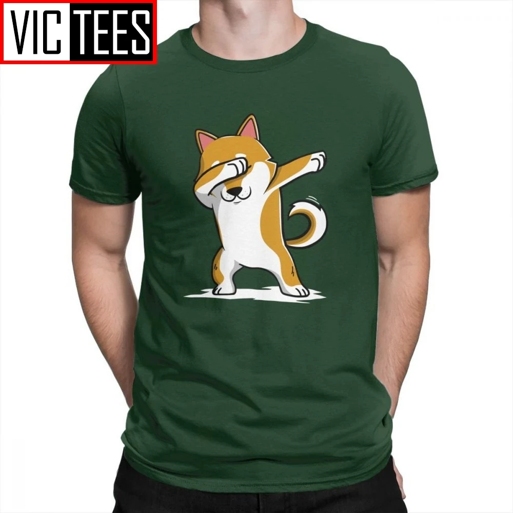 Мужские Забавные футболки Dabbing Shiba Inu повседневные с вырезом лодочкой из чистого