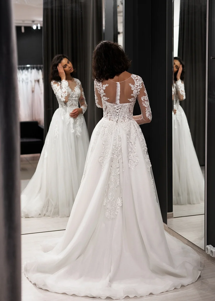 Белое/цвета слоновой кости свадебное платье vestido de noiva с длинными рукавами глубокой круглой декольте апплике Тюль А-силуэта Свадебные платья robe de mariee