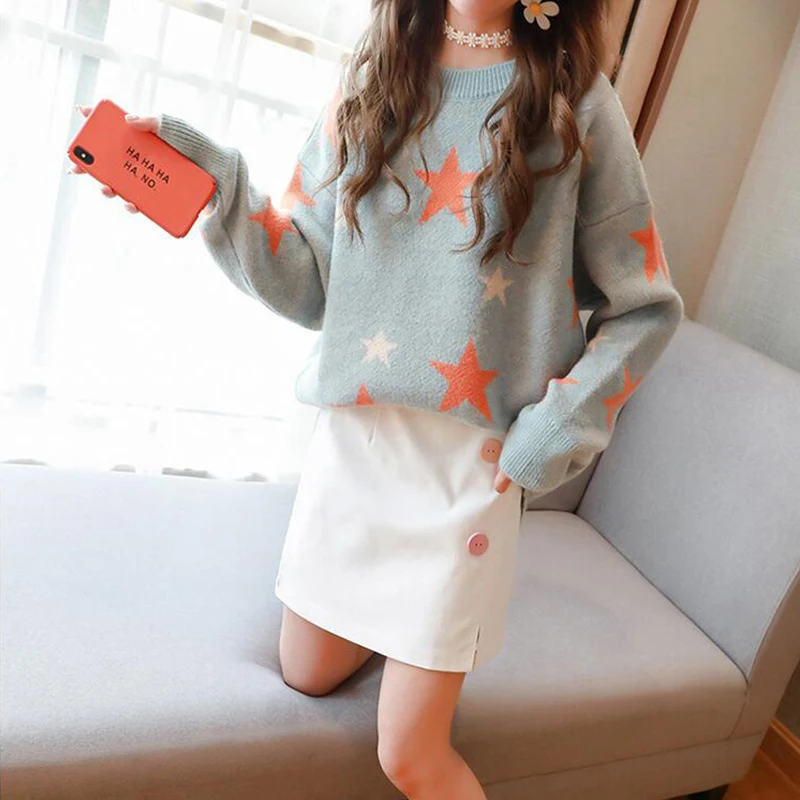 TIGENA Beautiful Stars Big Size Sweater Women Jumper 2019 Autumn Winter Loose Oversize Knit Pullover Female Green Yellow | Женская