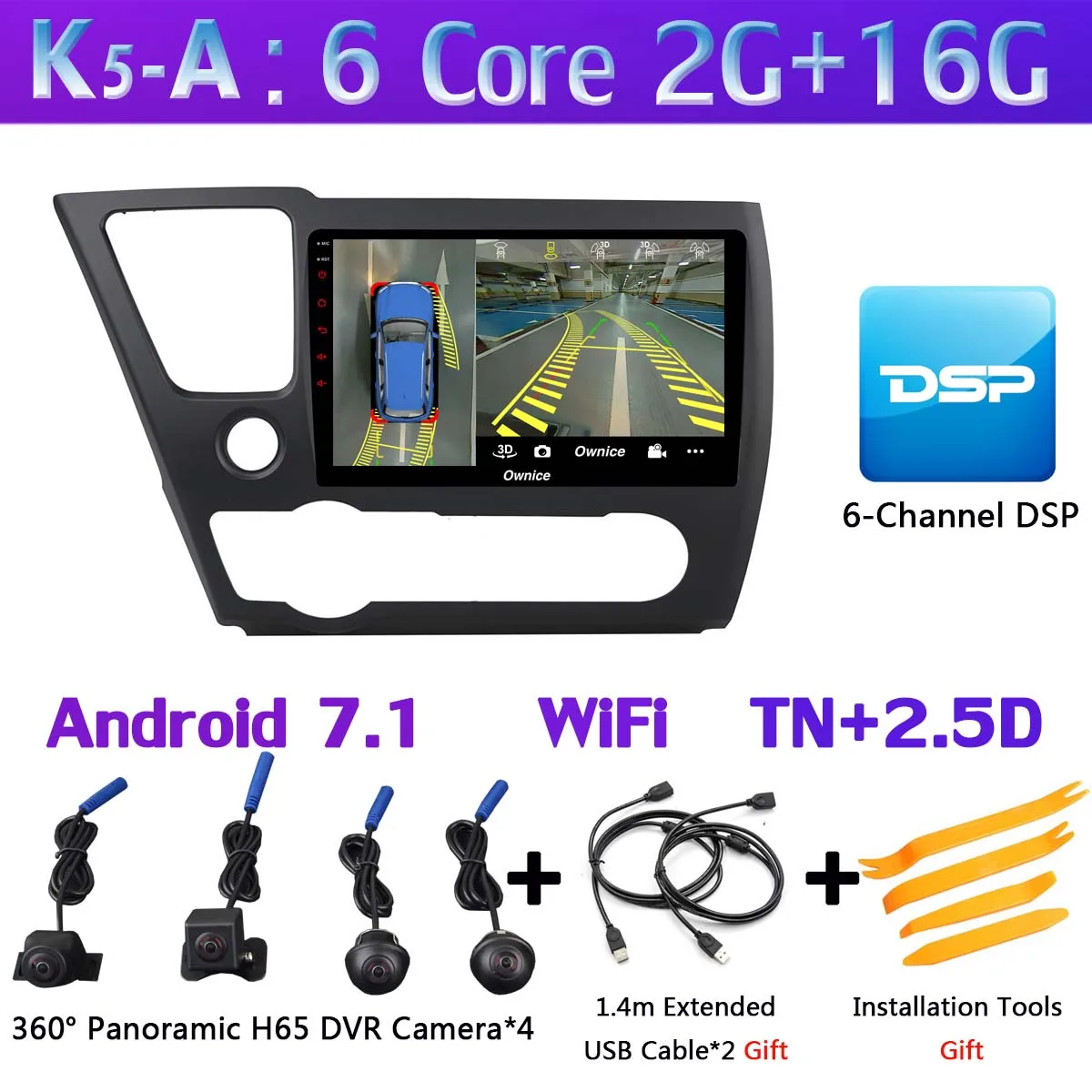 K5-A 360°AHD Камера Android 9,0 4G Оперативная память+ 64G Встроенная память SPDIF DSP CarPlay Автомобильный мультимедийный gps радио плеер для Honda Civic EX-L купе 2013 - Цвет: K5-A