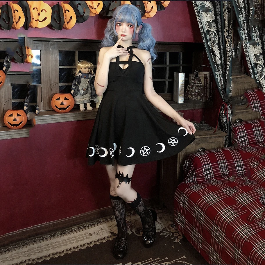 Готическое платье на Хэллоуин винтажное с принтом росы плече в стиле панк