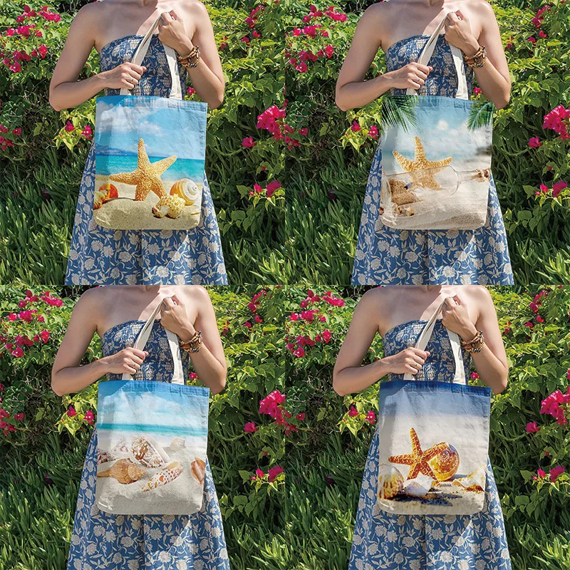 

Beach Shells Shopping Bag Tote Bag 3D Printed Canvas High-Quality Large Capacity Shoulder Bag Mobile Phone Wallet Book Women Bag