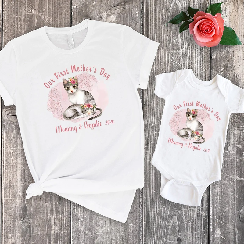 

First Mother's Day 2022 Family Clothing Mother's Day Matching Shirts Casual Print Cotton Mom and Baby Cats Top Sets