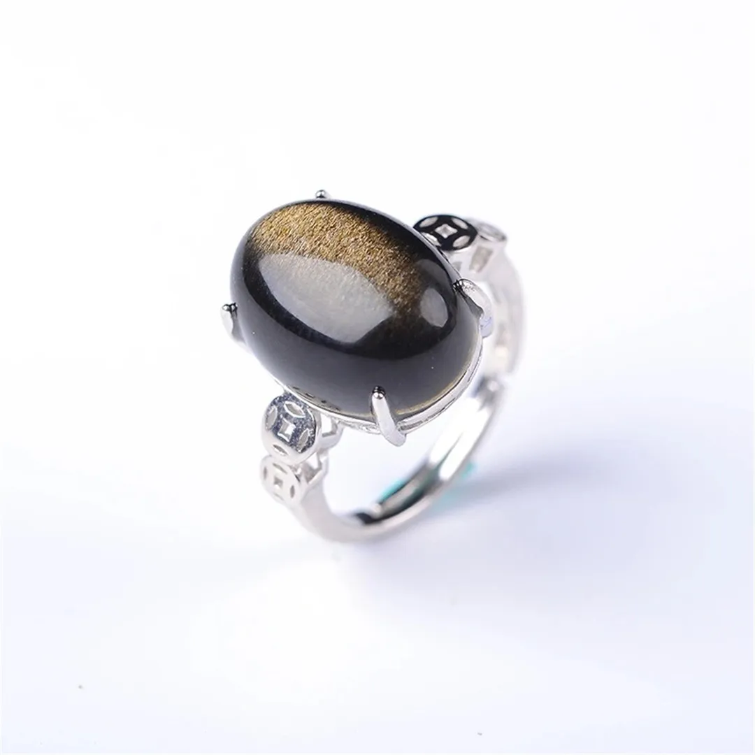 

Natural Gold Obsidian Flash Adjustable Ring Crystal 925 Sterling Silver 16x12mm Woman Gold Obsidian Ring Oval Jewelry AAAAA