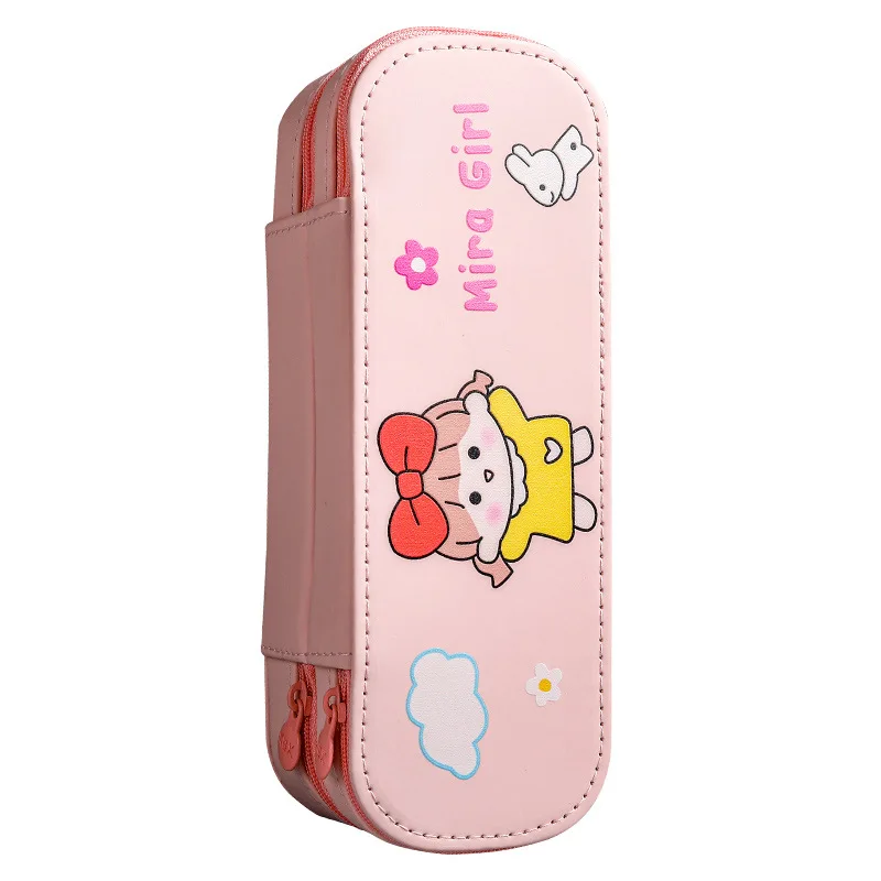 

1Pcs Simplicity Leather Pencil Case Cartoon Large Capacity Double Layer Animal Pencil Cases for Students Japanese Stationery