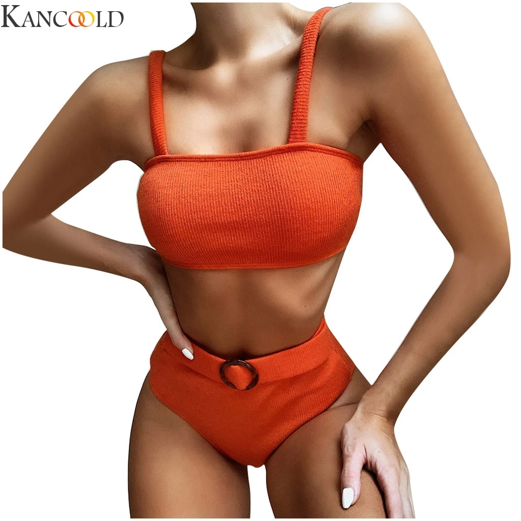 Женский волнистый текстурированный бикини с высокой талией однотонный пляжный