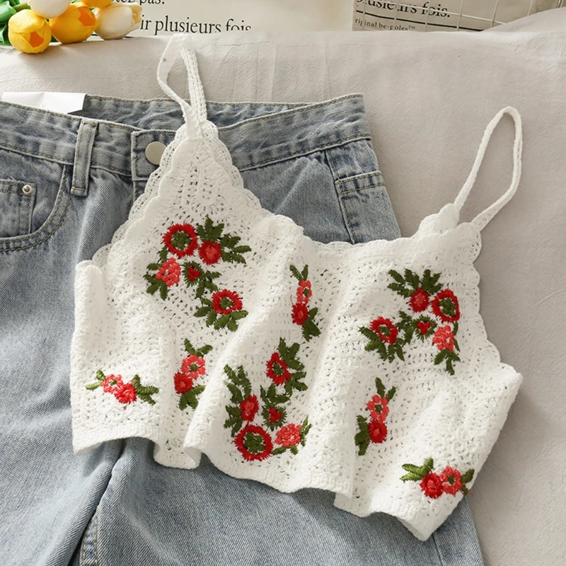 

Women Crochet Knit Camisole Floral Embroidery Beach Sleeveless Crop Top Bralette