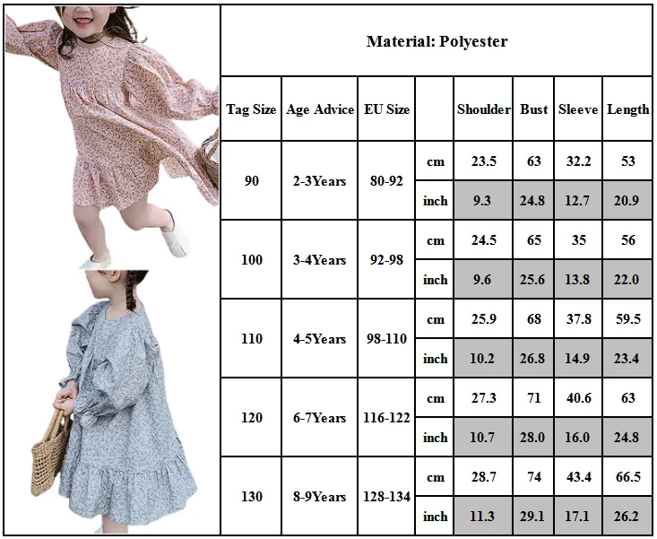 

Puff Sleeves Floral Printed Casual Loose Girls Ruffled Hem Swing Dresses